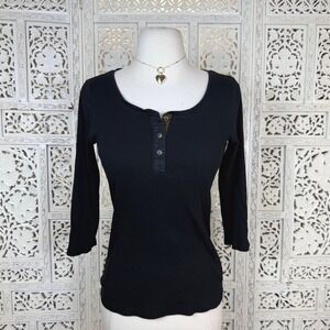 Vtg Lauren Ralph Lauren Black Ribbed Henley Shirt Quarter Sleeves Y2K Sz Medium
